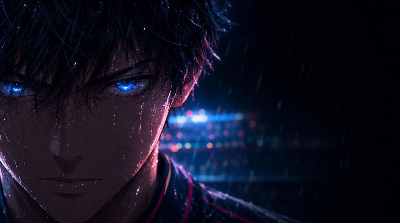 Close-up of a focused footballer with glowing blue eyes in the rain